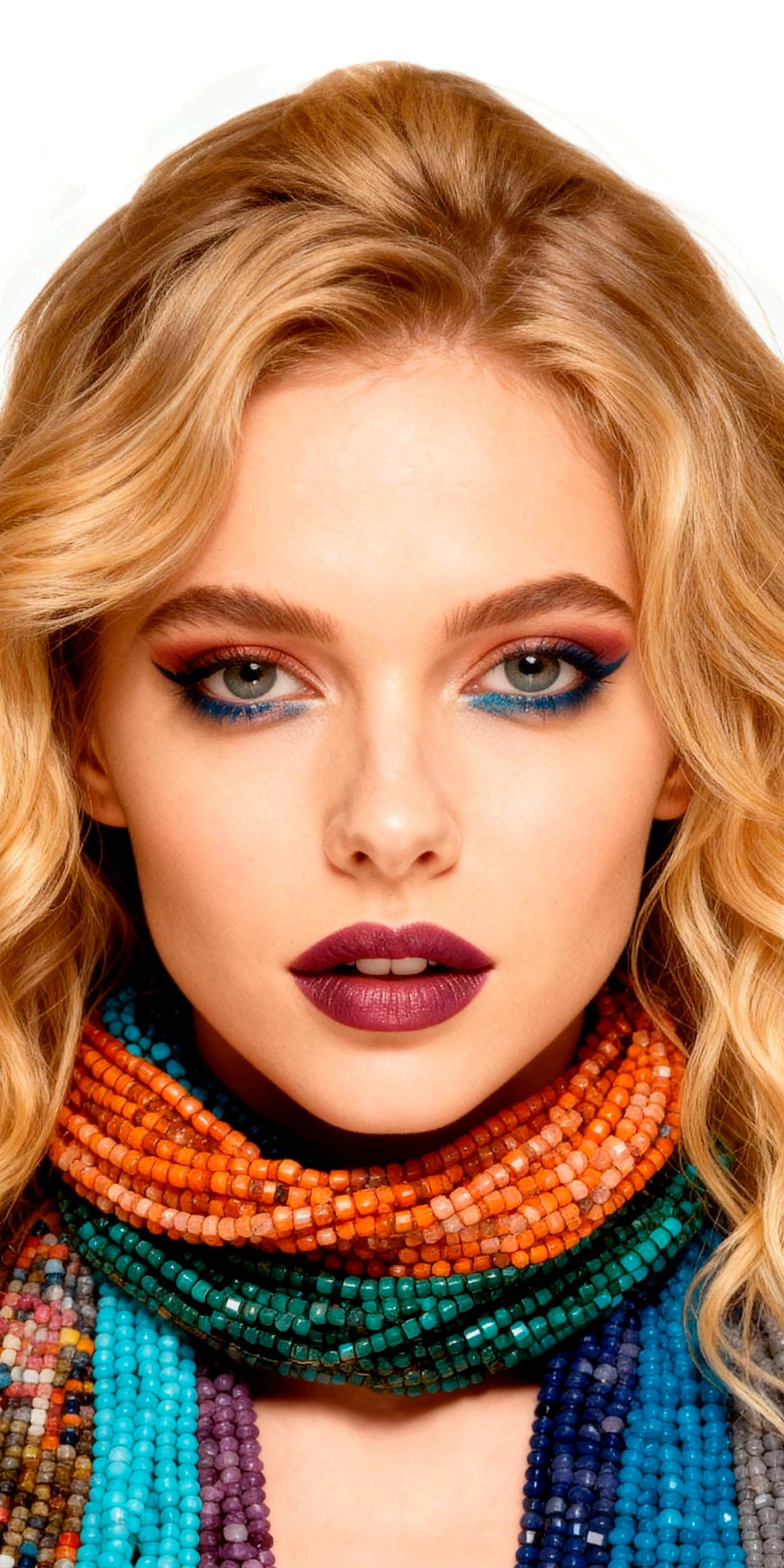 Editorial portrait of a blonde model wearing layered multi-color gemstone bead chokers